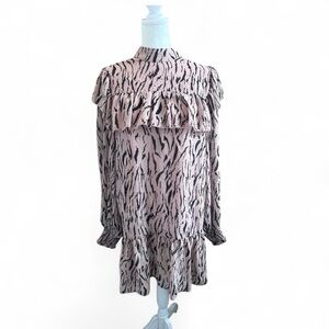 NWT Missguided High Neck Frill Smock Dress Pink Animal Print Size 4 Ruffle